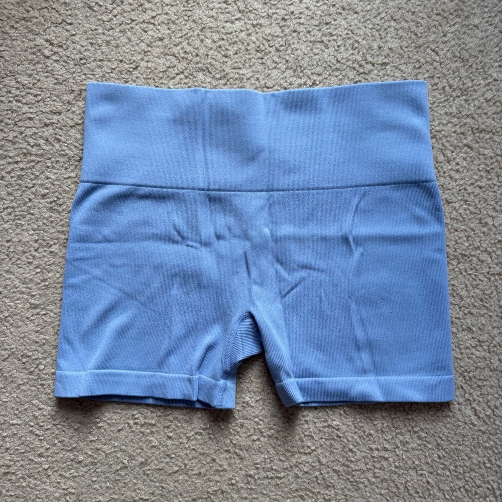 JT Women's Light Blue High-Waisted Ribbed Workout Shorts